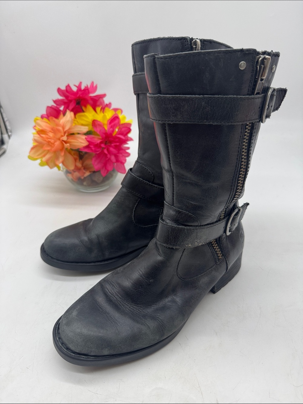 Born Black Mid-Calf Leather Buckle & Zip Boots Size 7